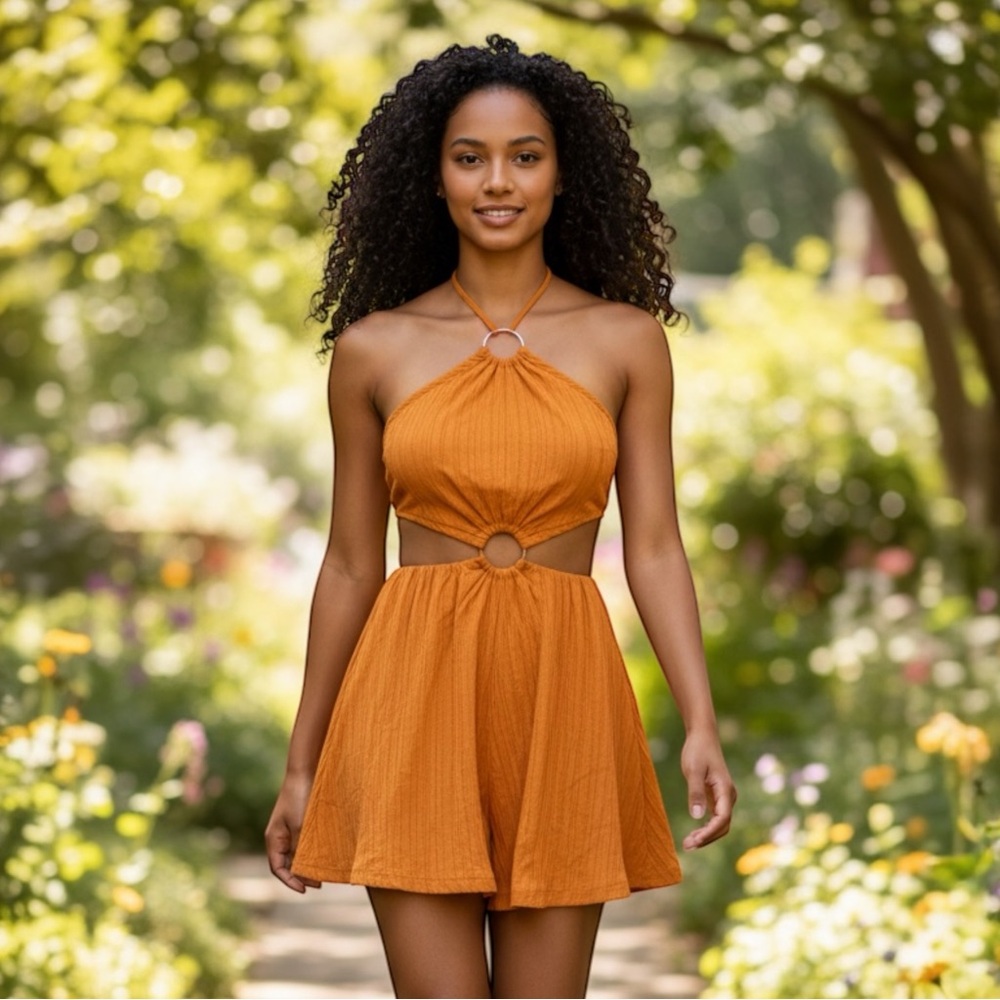 Who What Wear Rust Orange Cut-Out Halter Romper | Ring Detail | Size M/L